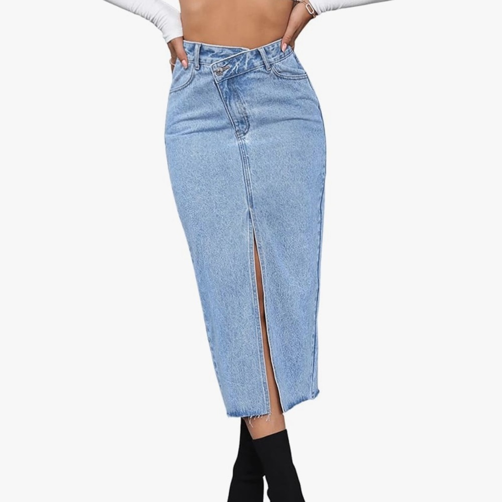 SweatyRocks High Waist Denim Skirt‎ Split Hem Raw Trim Midi Jean Skirt Medium